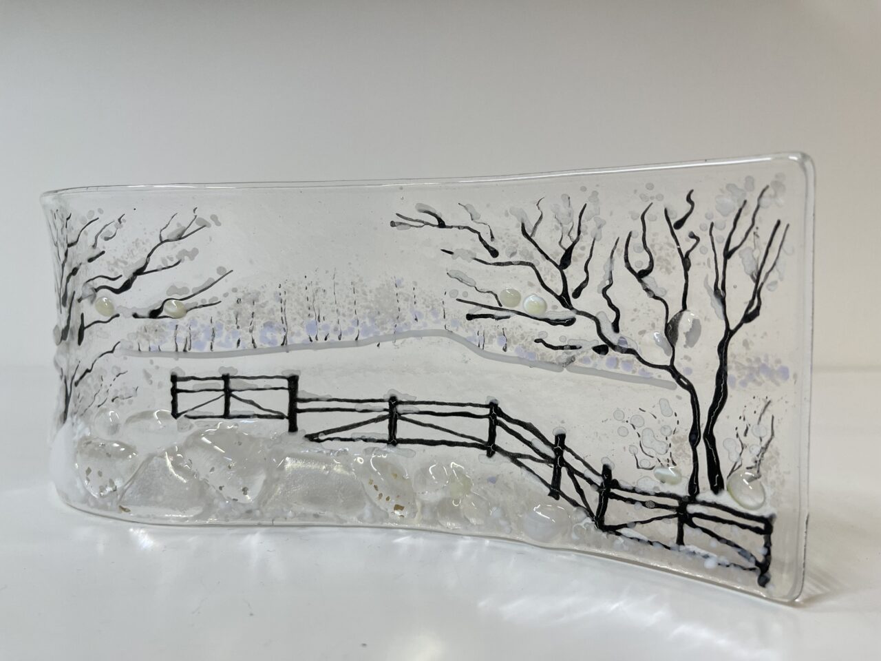 Winter Scene on a Fused glass wave panel made at Kinki Glass Workshops in Ironbridge Shropshire